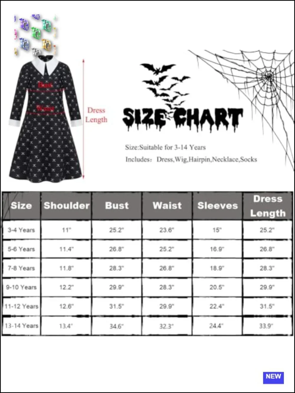 Girls Halloween Costume Princess Long Black Dress with Wig & Accessories